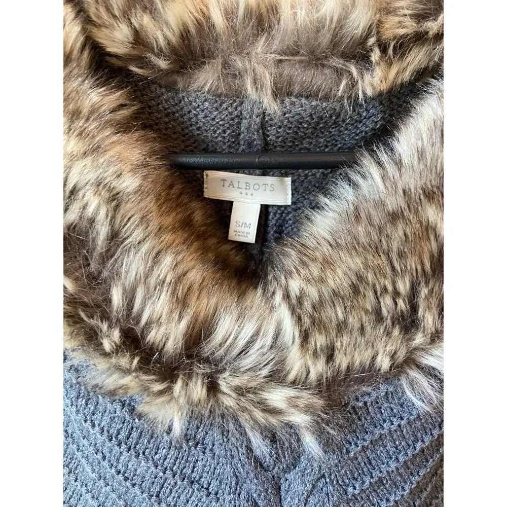 Grey Faux Fur Collar Cable Knit Poncho Cape Sweater
